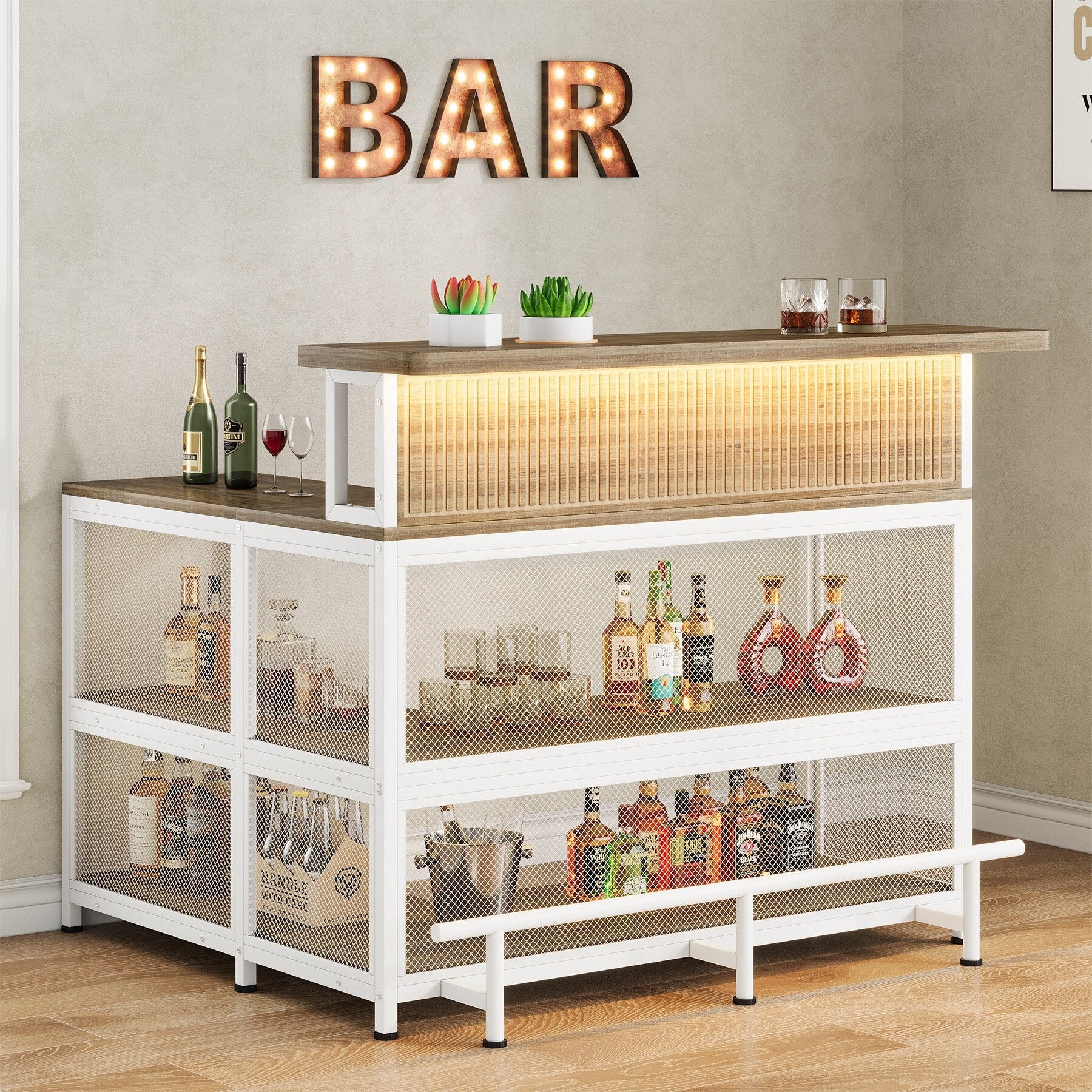 Modern L-Shaped Home Bar Table with Stemware Racks & LED Light for Home, Pub