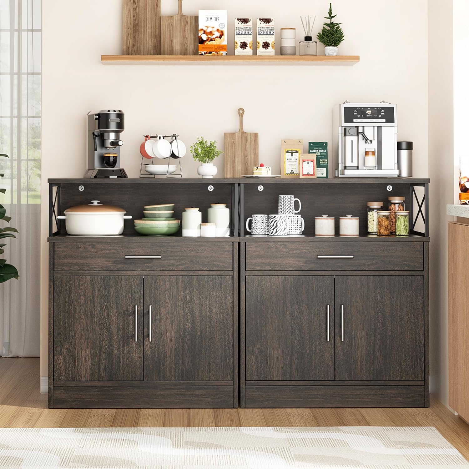 Shintenchi Kitchen Storage Cabinet with Adjustable Shelves and Drawers, Modern Buffet Sideboard, Wood Buffet Cabinet with Doors, Floor Cabinet Cupboard for Coffee Bar Living Room, Dark Brown