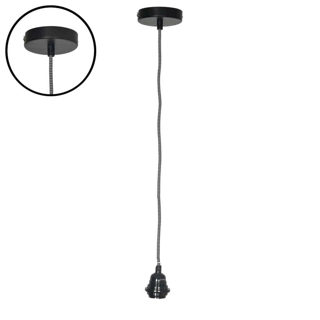 SUSPENSION DOUILLE - Suspension câble tissu noir et blanc douille noire H110cm