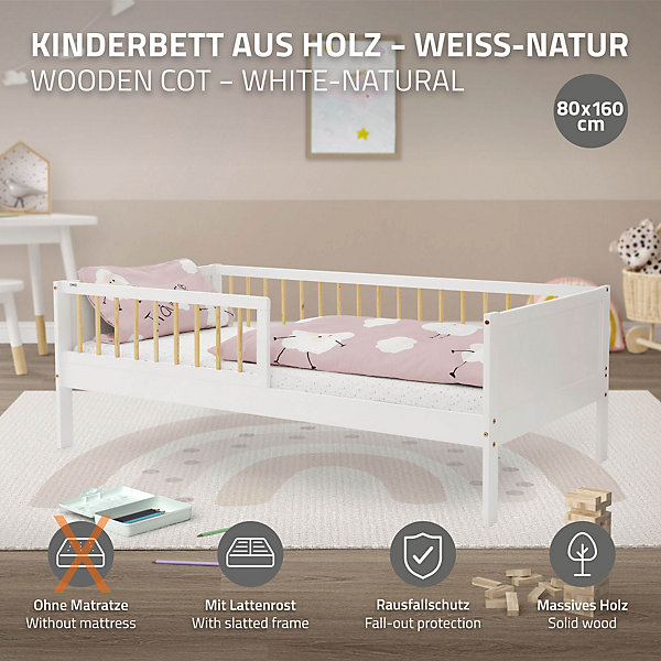 Lit d'enfant ML-Design 80x160 cm blanc-naturel en bois de pin avec sommier à lattes sans matelas