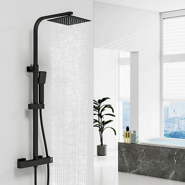 Colonne de douche thermostatique avec pomme de tête, douchette et flexible,noir mat, AICA