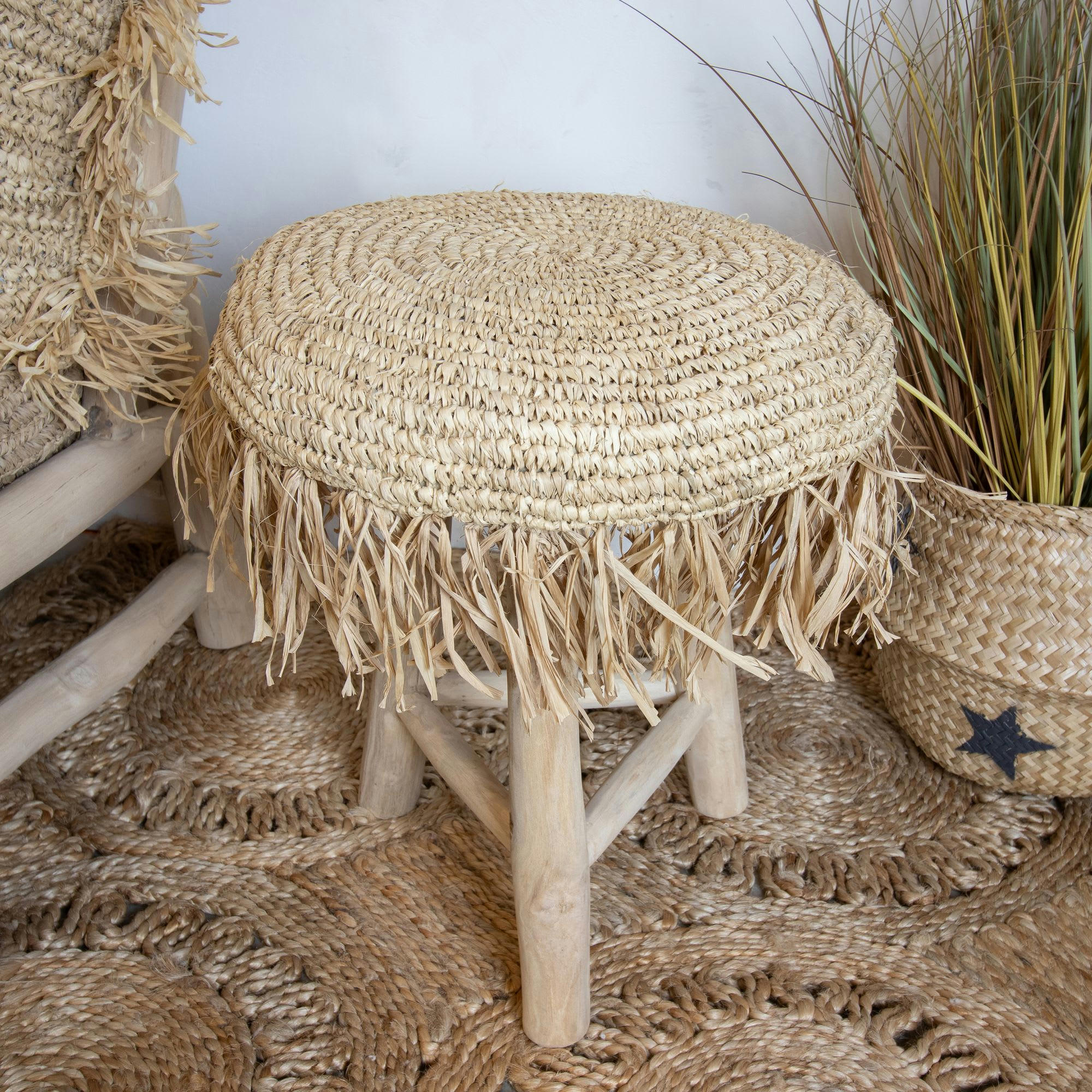 TILOS - Tabouret en teck et en jute