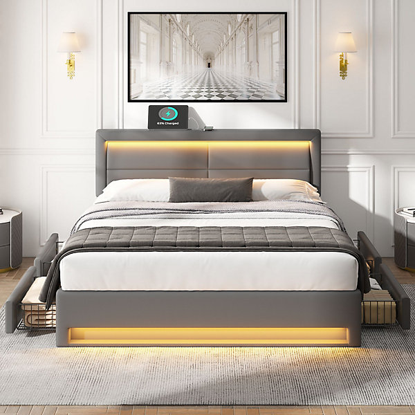 Lit Double 140x190 cm - Lit Capitonné PU avec Rangement et éclairage LED Intégré - Gris - Sans Matelas