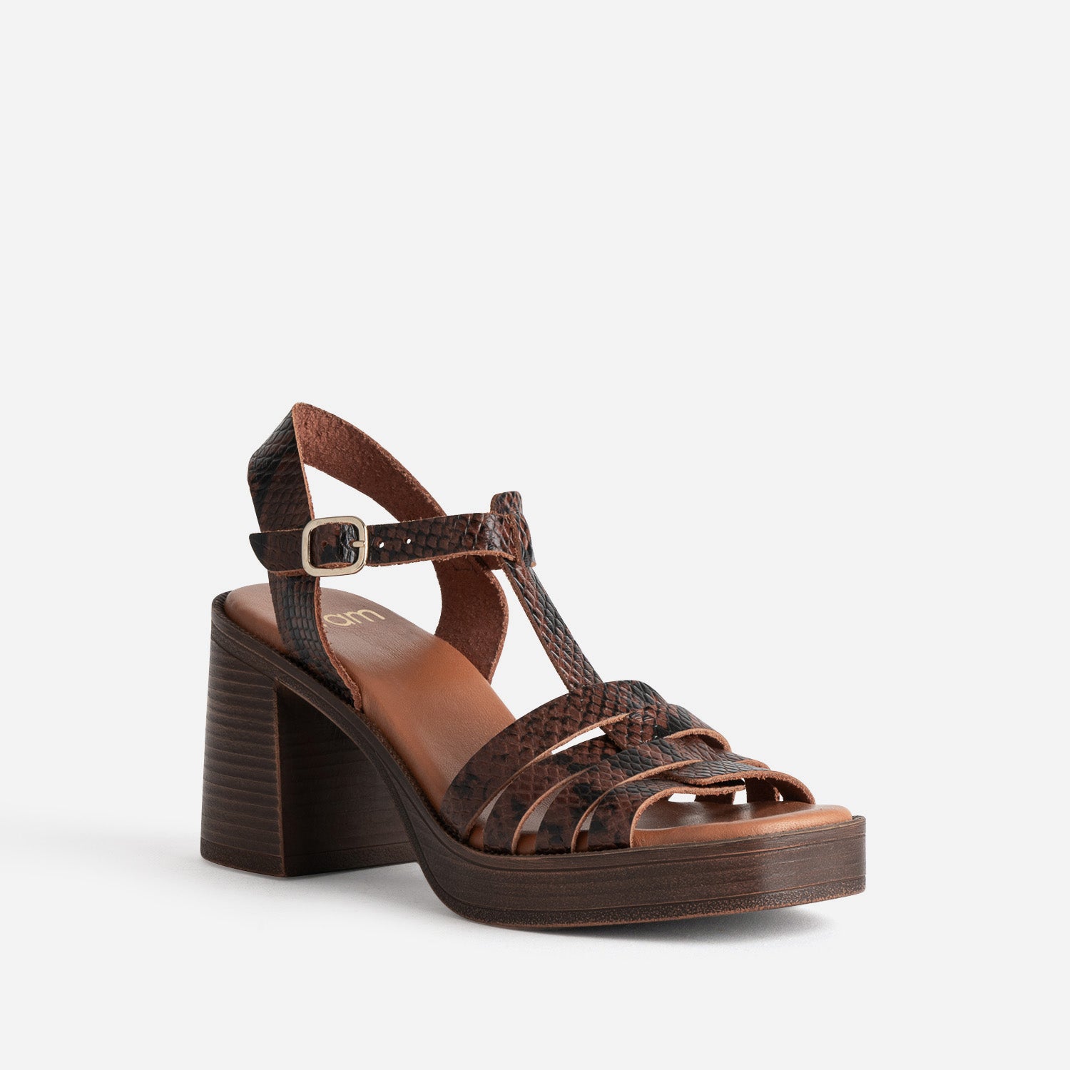 Sandale à talon marron cuir effet python