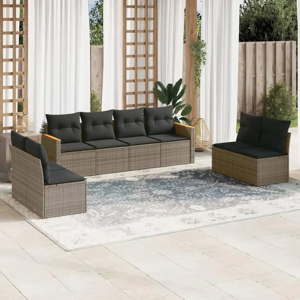 vidaXL 8-delige Loungeset met kussens en hout armsteun - Grijs - Poly rattan