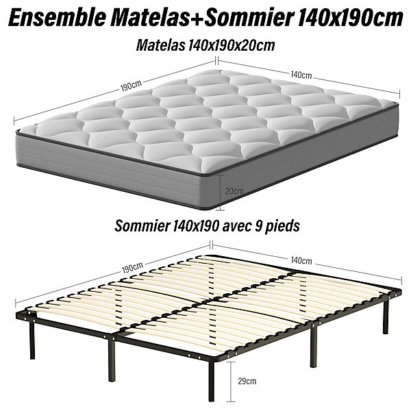 Ensemble 140x190cm Matelas à ressorts  Sommier à Lattes sur Pieds, Epaisseur du Matelas 20cm