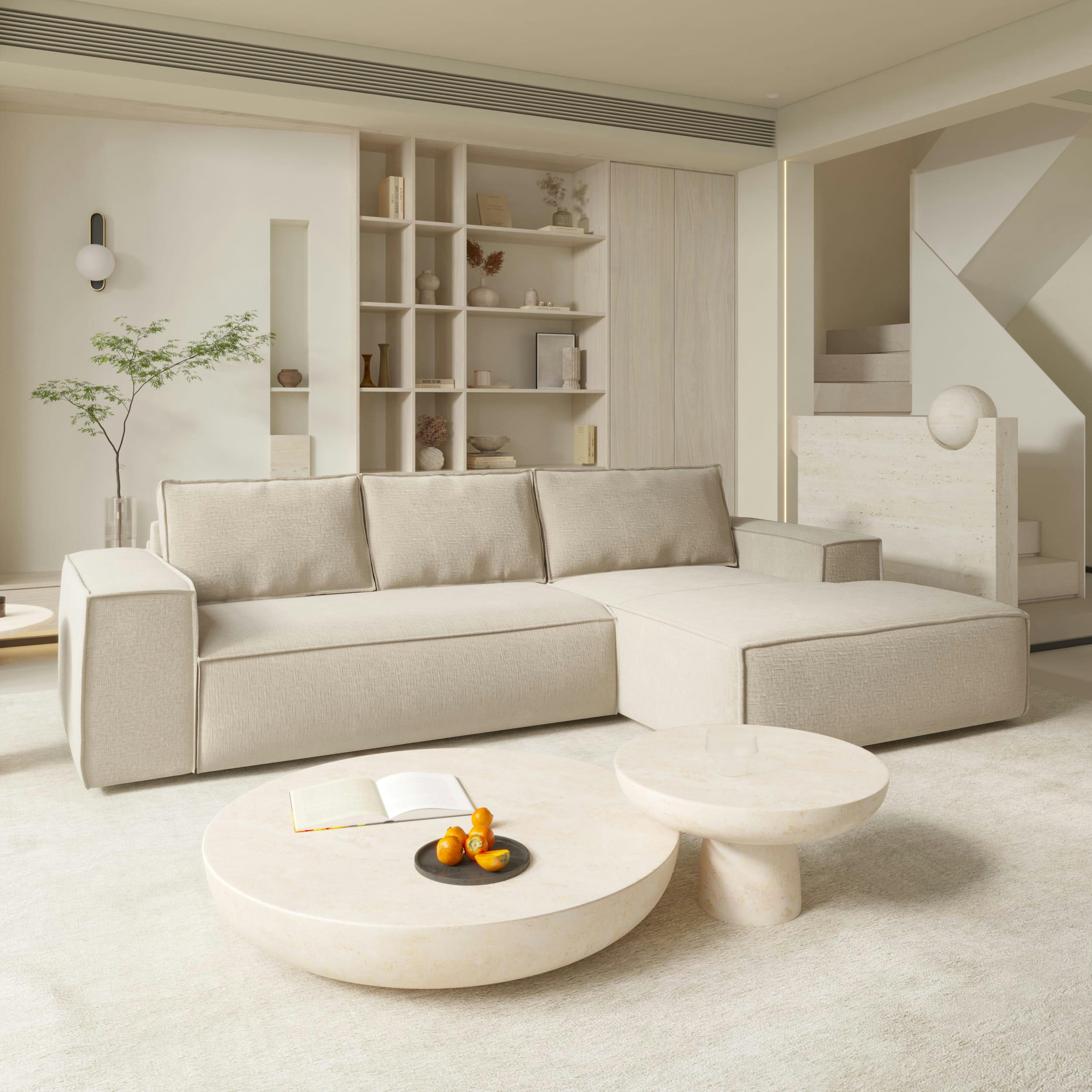 JOAN - Canapé convertible angle droit dunlopillo velours texturé crème 140cm