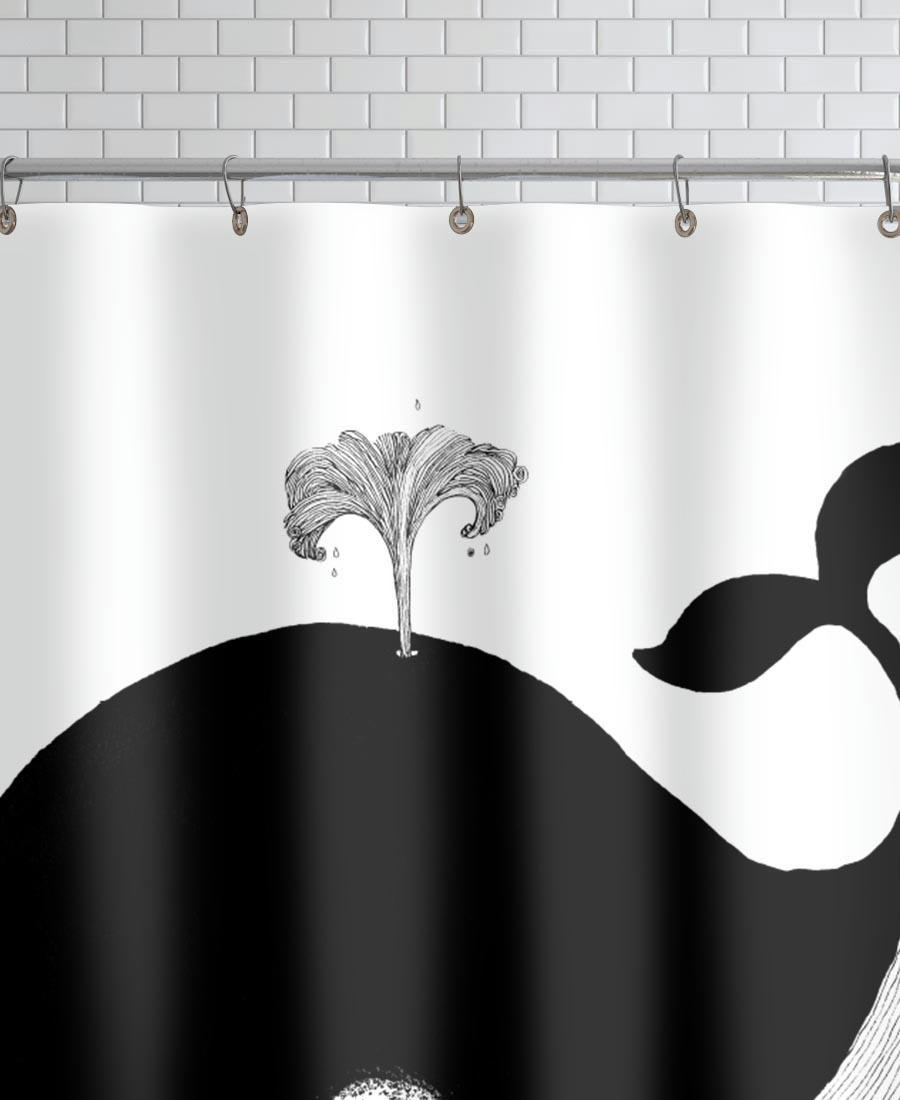 WHALE - Rideau de douche en polyester en blanc & noir 150x200