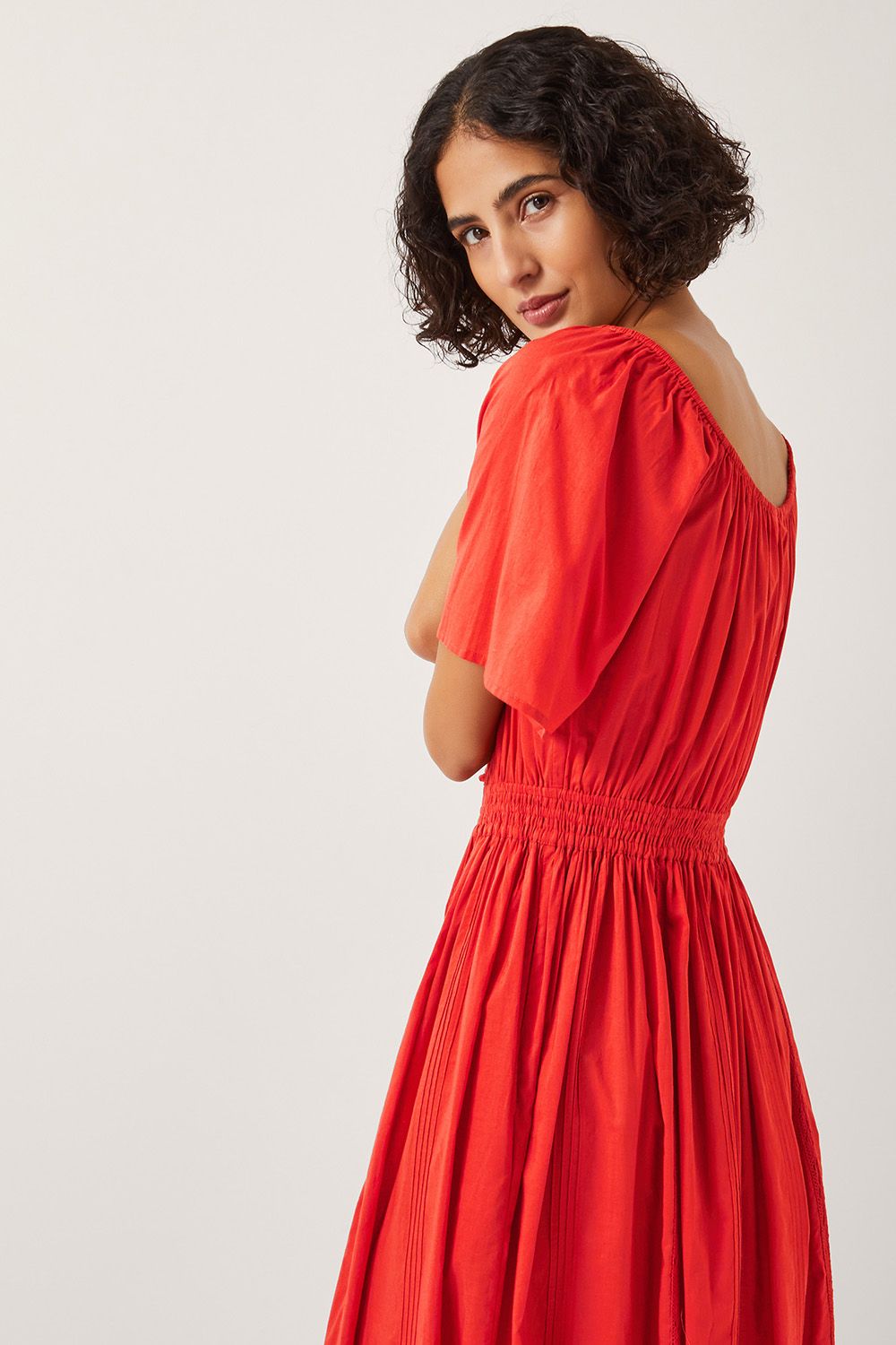 Monsoon Lane Pintuck Lace Midi Dress Orange