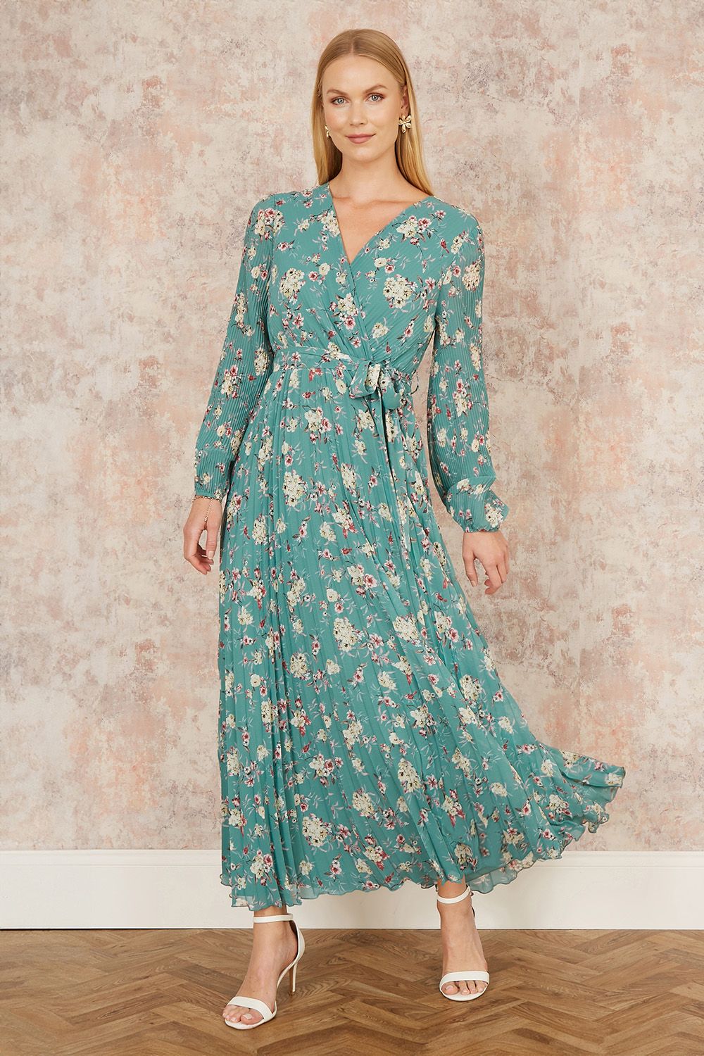 Yumi Yumi Mint Green Floral Pleated Long Sleeve Wrap Over Midi Dress