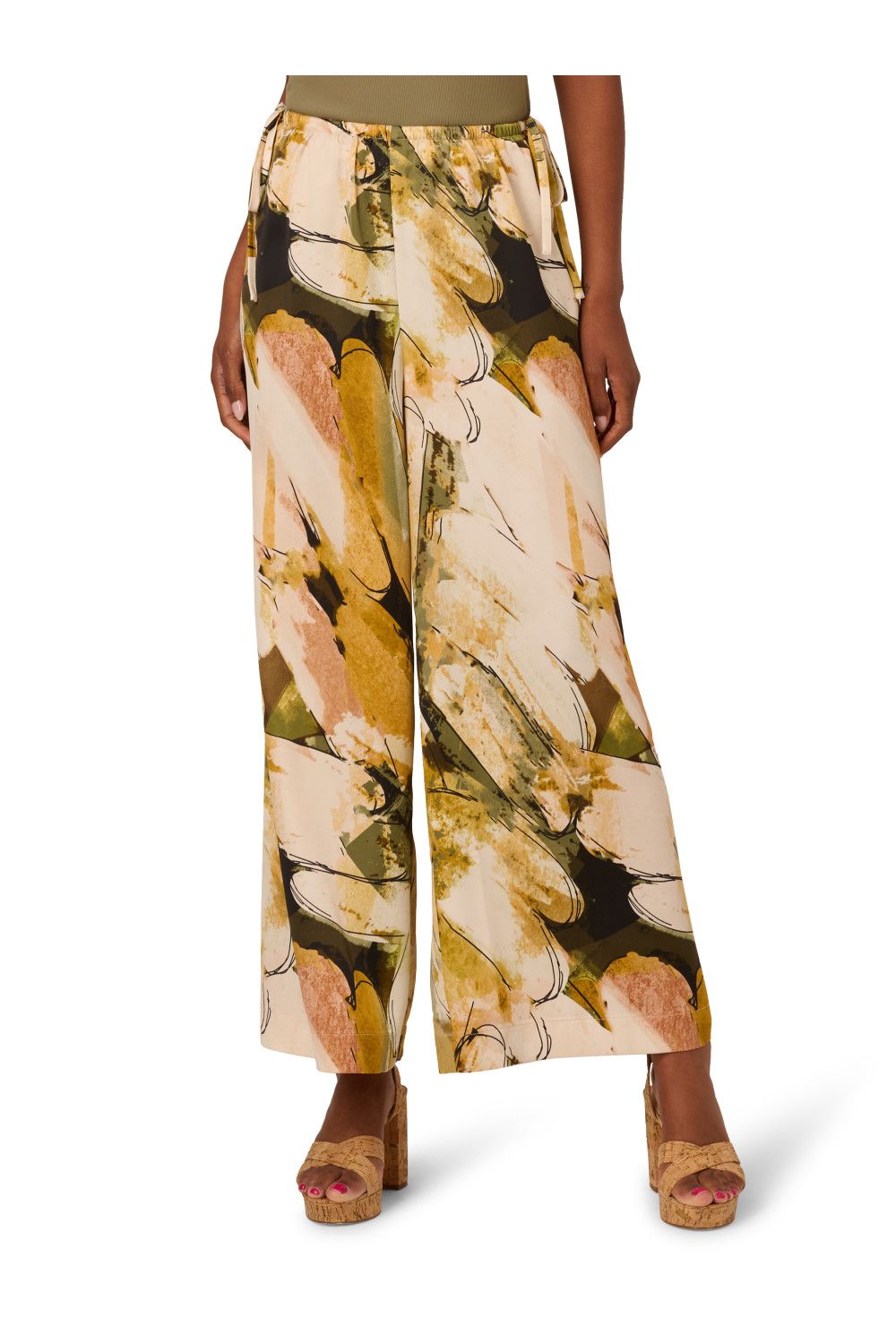 Adrianna Papell Satin Pull On Wide Leg Elastic Waist Trousers With Side Ties