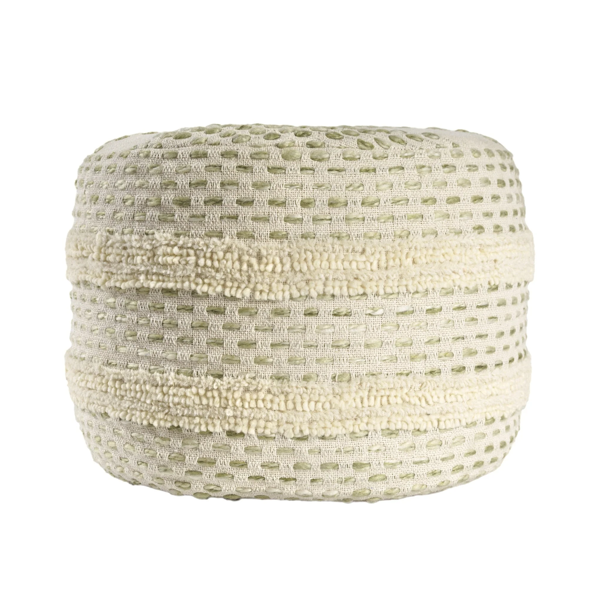 18 Ivory and Green Cotton Blend Round Striped Pouf Ottoman