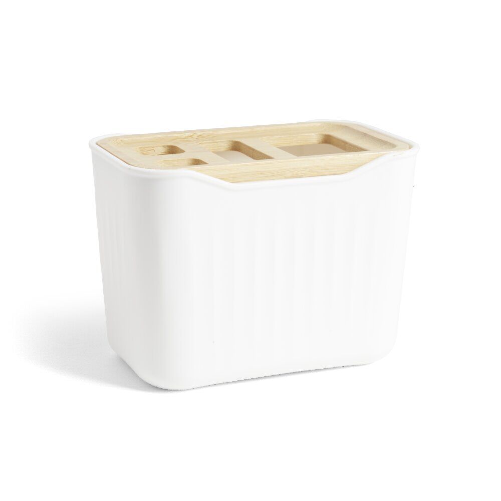 Support brosse à dent plastique blanc avec couvercle bambou 4 trous