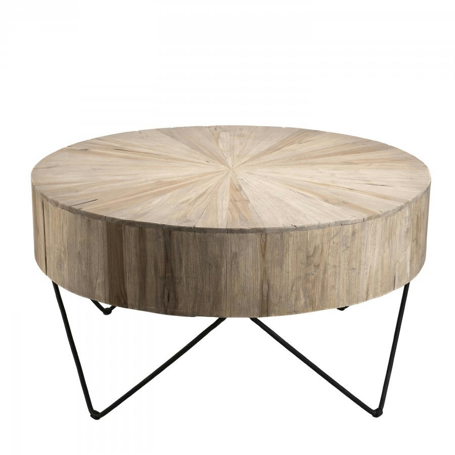 LALY - Table basse ronde nature plateau en teck pieds épingles métal noir D90