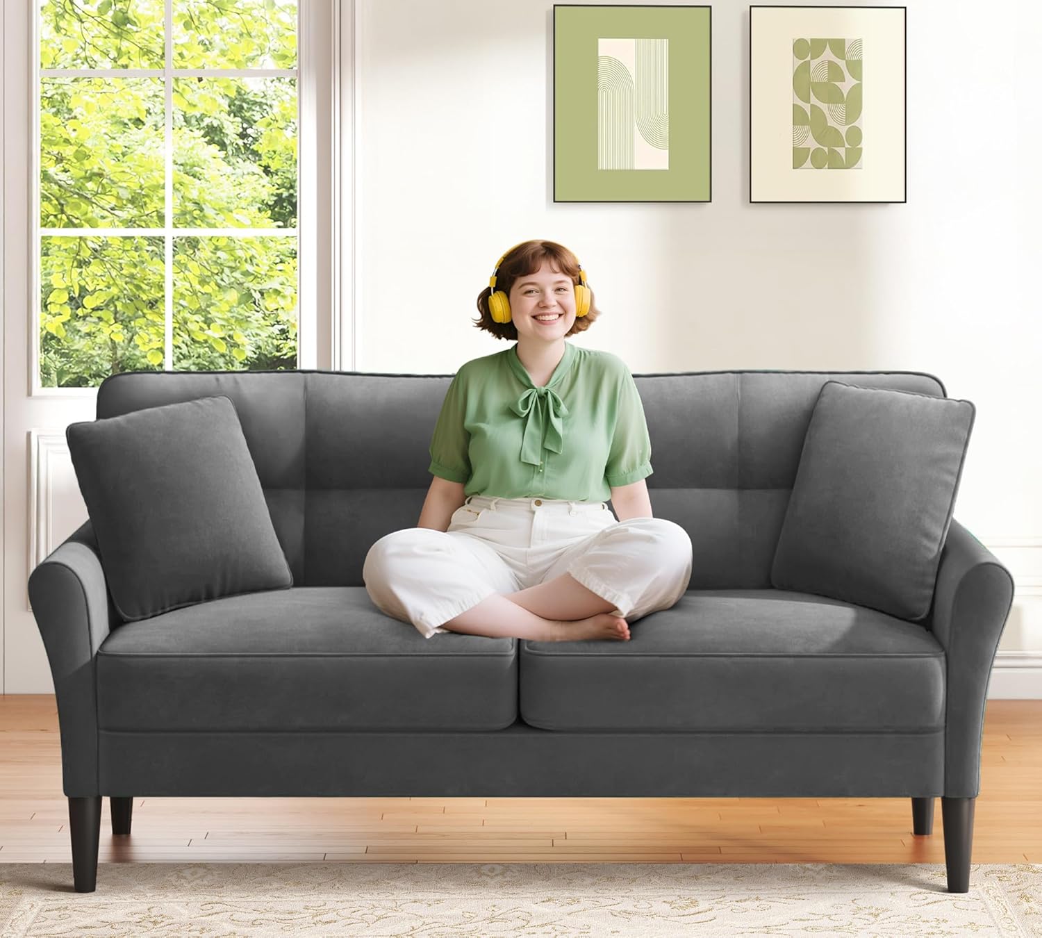 Loveseat Sofa, 69 Love Seat Couches, Comfy Velvet Small Couches for Small Spaces with 2 Pillows, Tool-Free Setup Sofas & Couches, 700lb Load Sofas for Living Room, Mini Couch for Bedroom, Charcoal