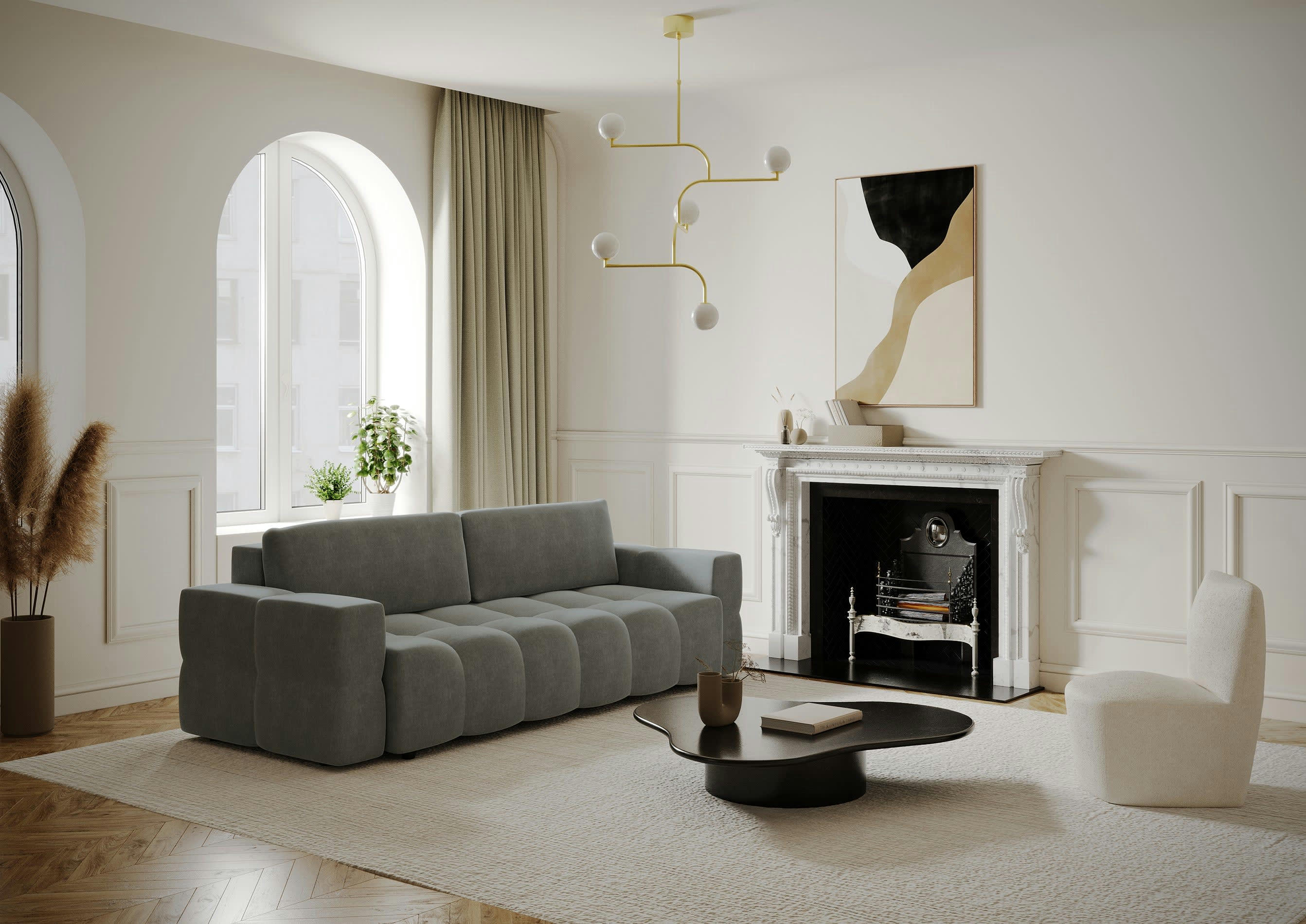 GABRIEL - Canapé 4 places convertible coffre noyer velours gris graphite