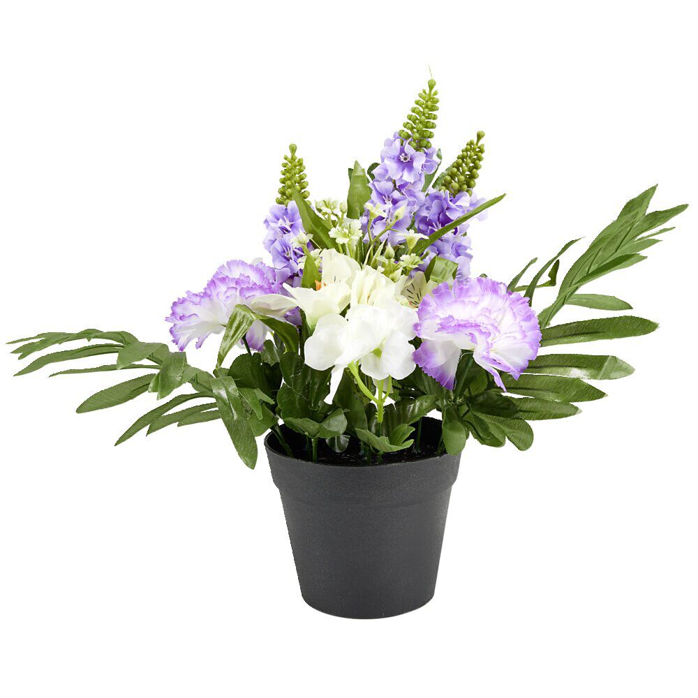 Composition florale artificielle pot camélia/hortensia/lys 12 têtes H40cm