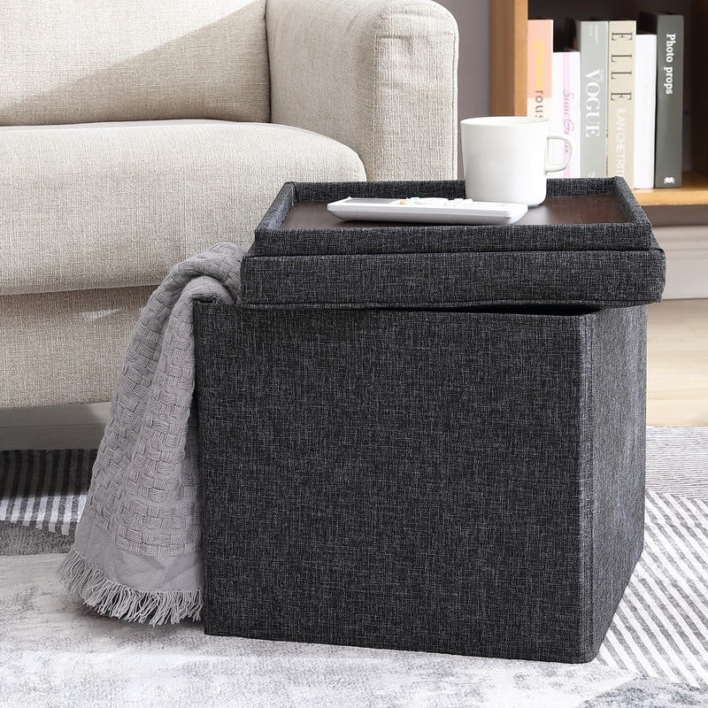 Foldable Tufted Square Storage Ottoman with Table Top Lid