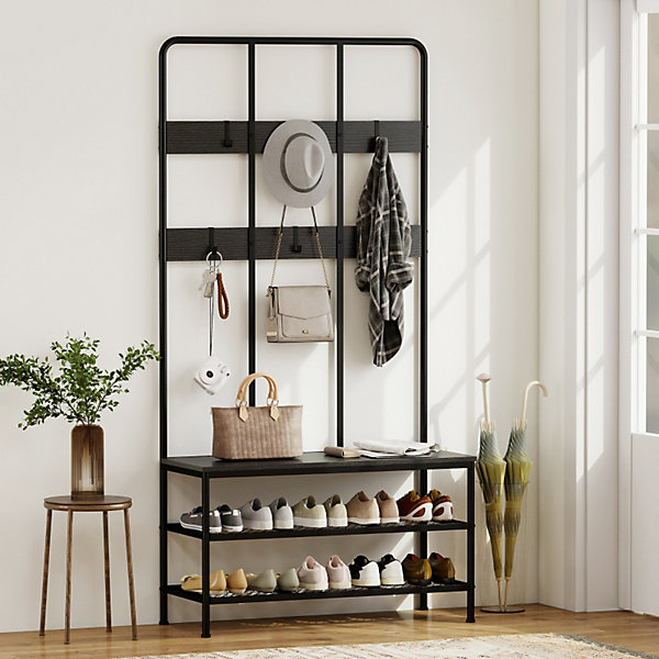 Meuble d'entrée 100x40x180 cm avec banc, étagères à chaussures et 6 crochets en métal noir, design moderne