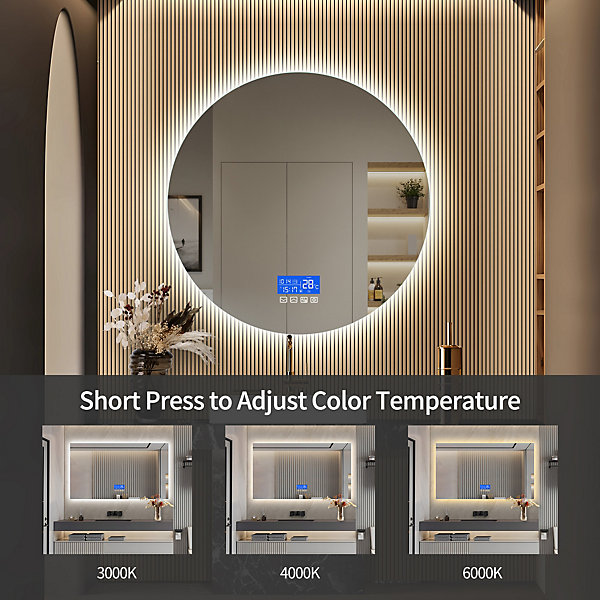 Miroir LED Rond Salle De Bain 100x100 Cm - Anti-buée, 3 Couleurs, Heure Et Température, Ip44