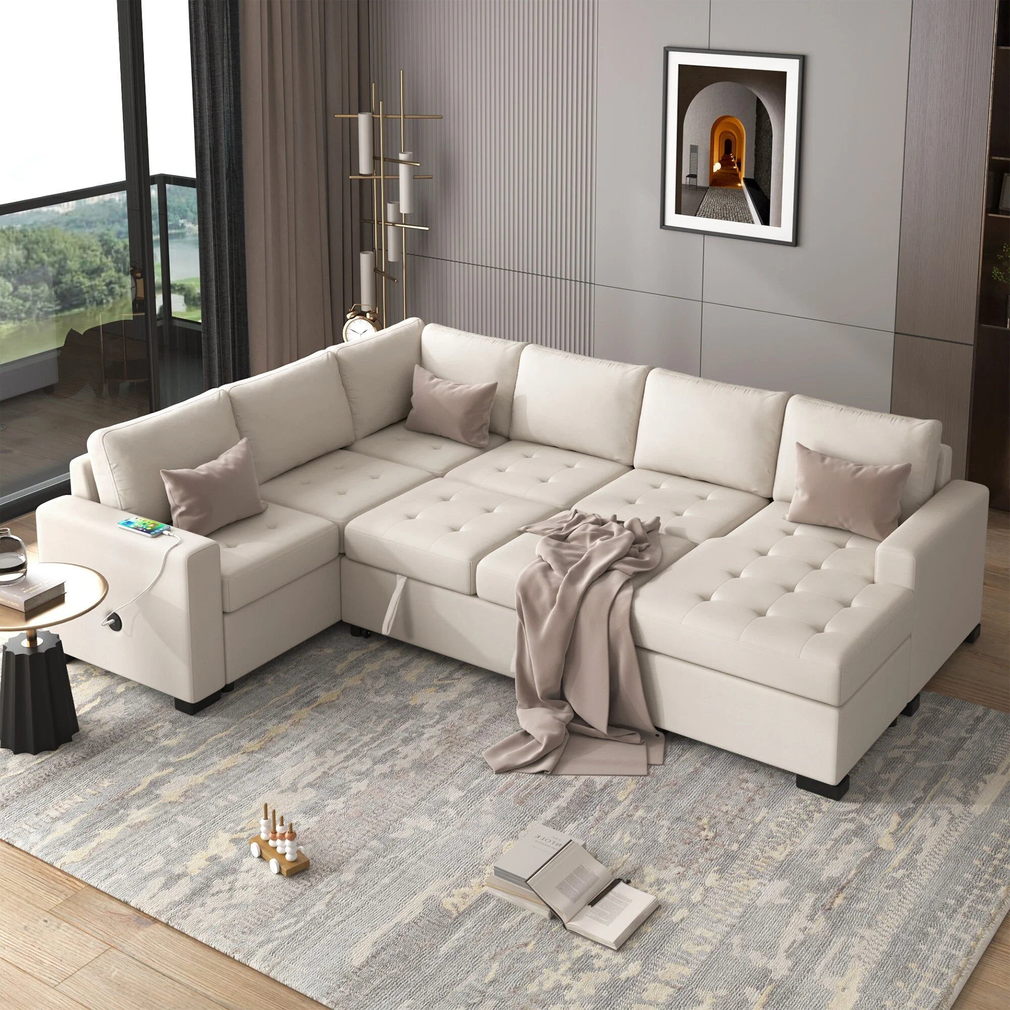 108.3'' U-Style Spacious 6-Seat Sectional Sofa with Pull-Out Bed & Lounge Chair, USB & Type-C Ports Included