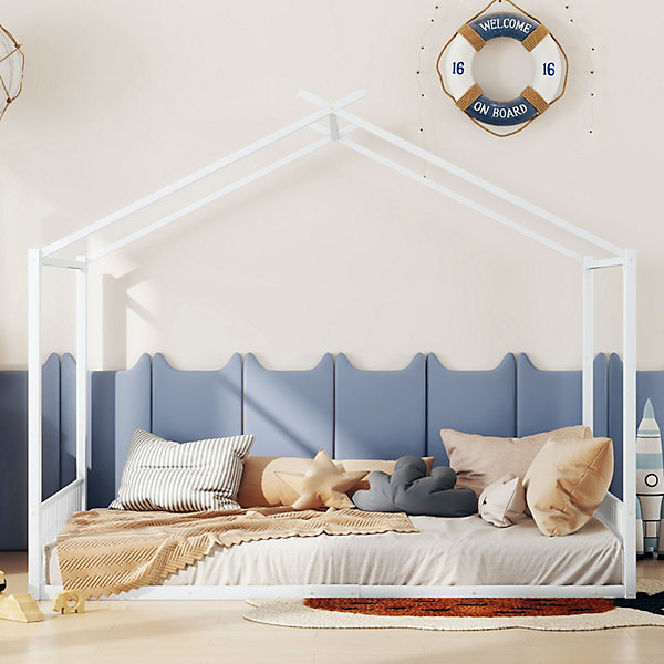 Lit enfant 140x200 cm sans matelas, cadre en métal avec tête de lit en forme de maison,confortable, blanc
