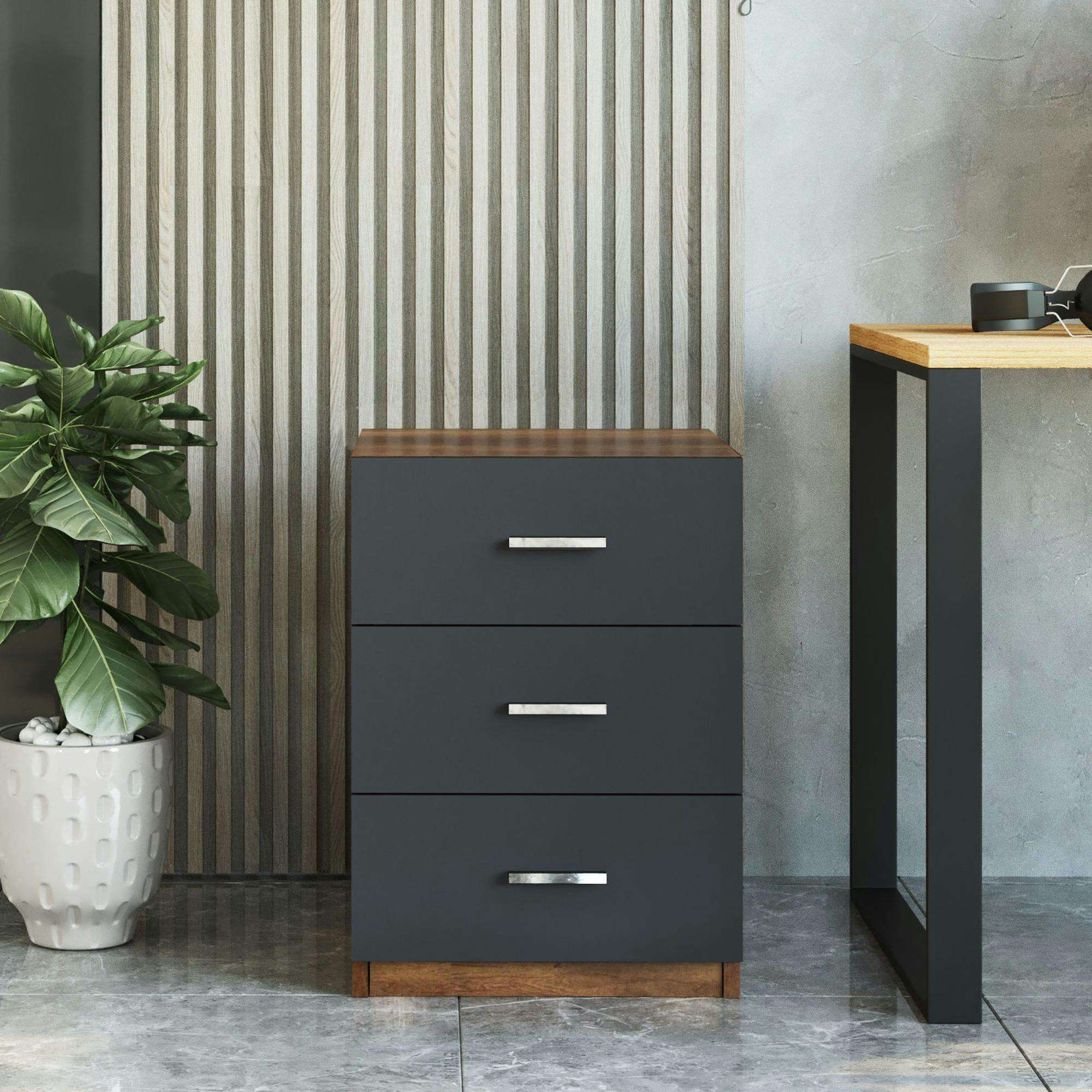 Caisson de bureau 3 tiroirs effet noyer et gris MARFA