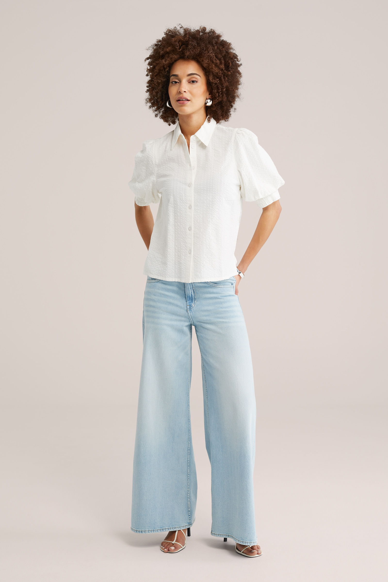 Dames seersucker blouse met pofmouw