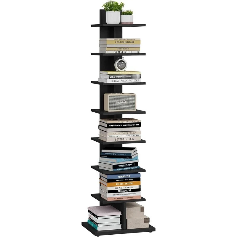 Vertical Bookshelf, 8-Tier Bookcase, Corner Standing Shelf for Living Room, Office, Study, Entryway