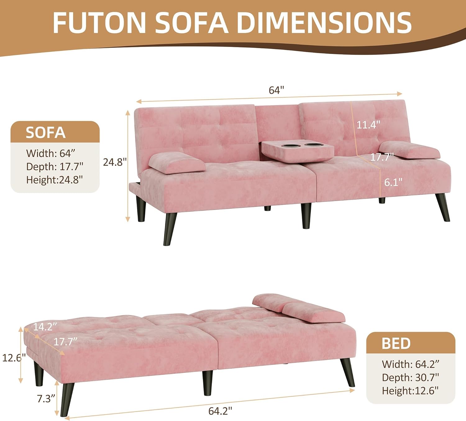 Shintenchi Futon Sofa Bed, Velvet Foldable Couch, Reclining Sleeper with Removable Armrests, Upholstered Loveseat Sofa Couch with Folding Cup Holders for Home, Office, Pink