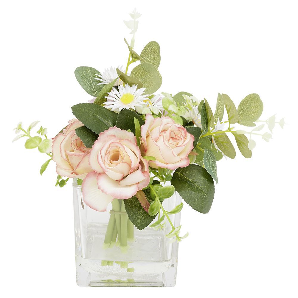 Pot verre transparent fleur artificielle L18x18xH22cm