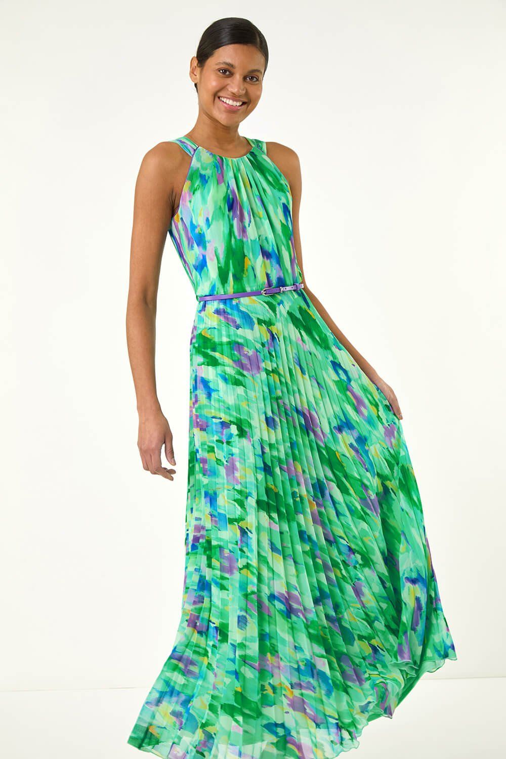 Roman Blurred Print Pleated Maxi Dress