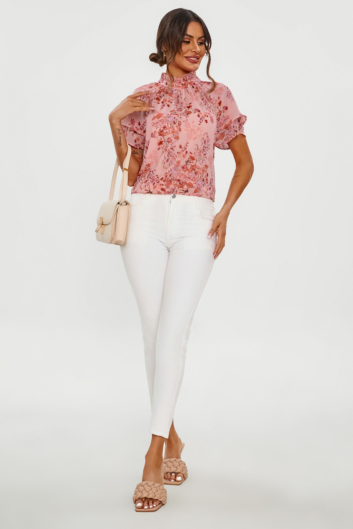 FS Collection Floral Print Frill Hem Sleeve High Neck Blouse Top In Pink