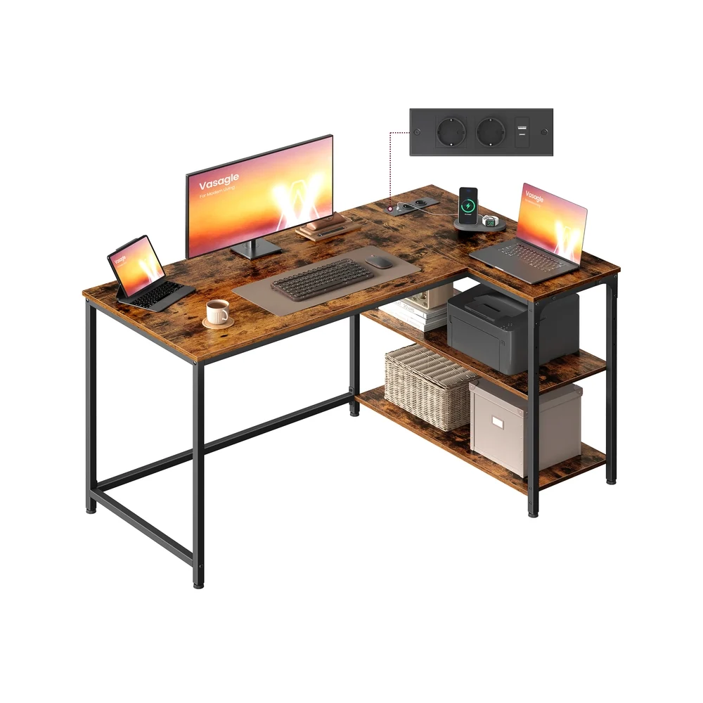 Bureau de Gaming en Forme de L pour Usage Domestique avec Prise Électrique et 2 Ports USB