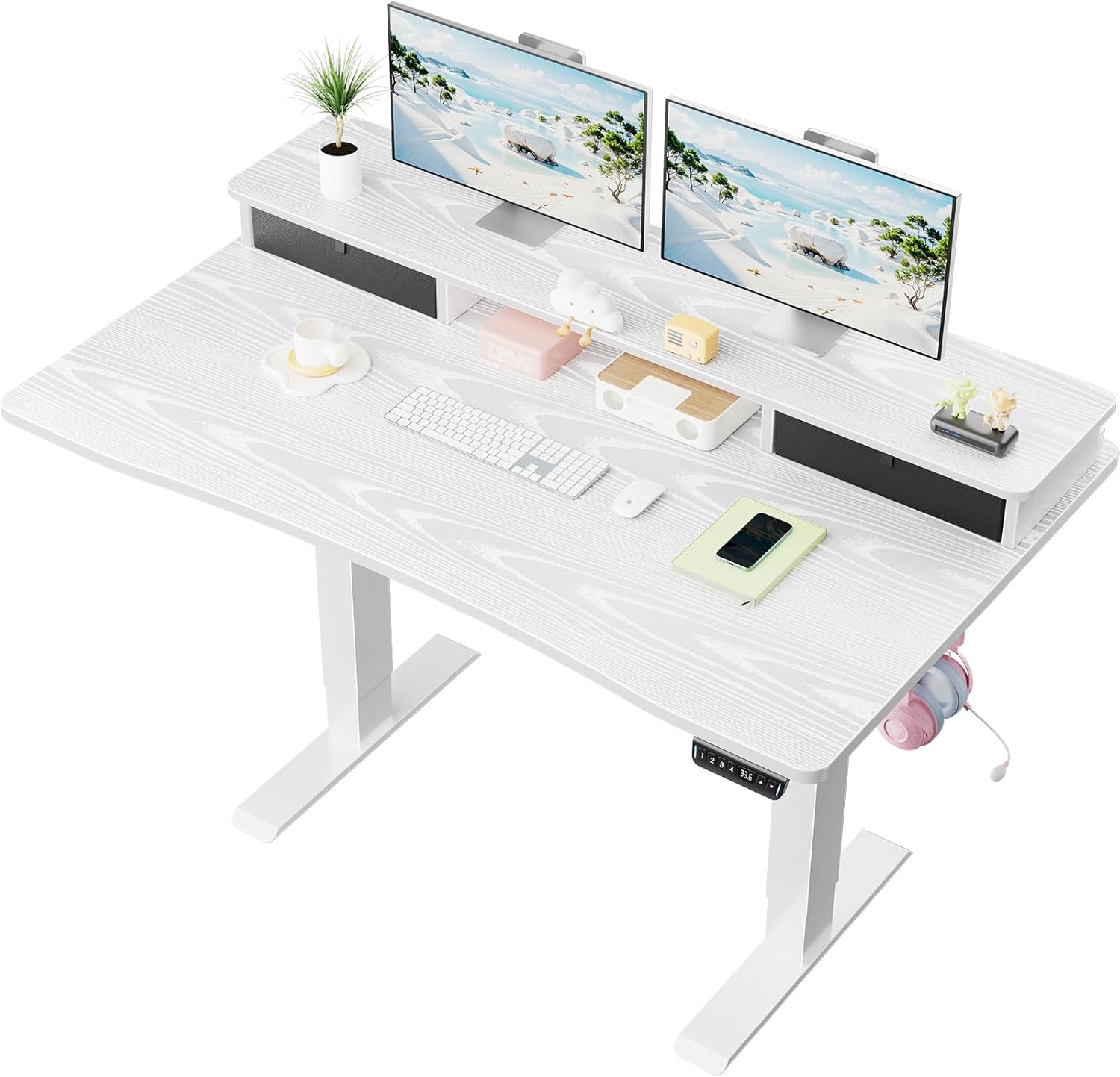 Veken 47.2×27.6 Home Office Standing Desk with Monitor Riser, Adjustable Computer Desk with Drawers, Ergonomic Desk for Work, Study, Gaming, Crafting, White
