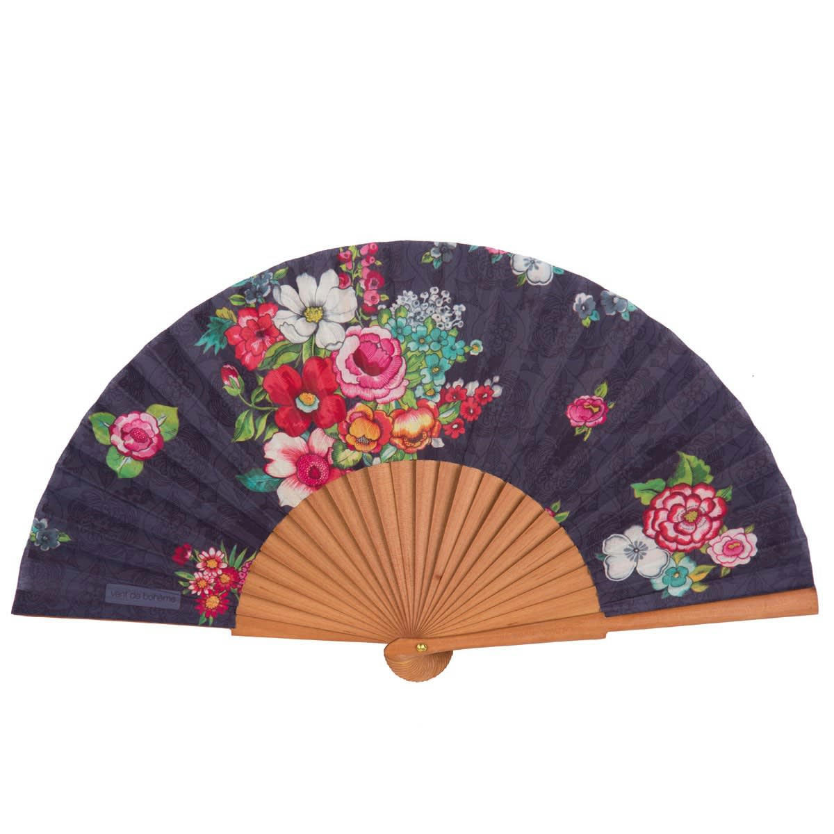 HANAMI - Éventail en bois de merisier et coton imprimé fleuri Noir