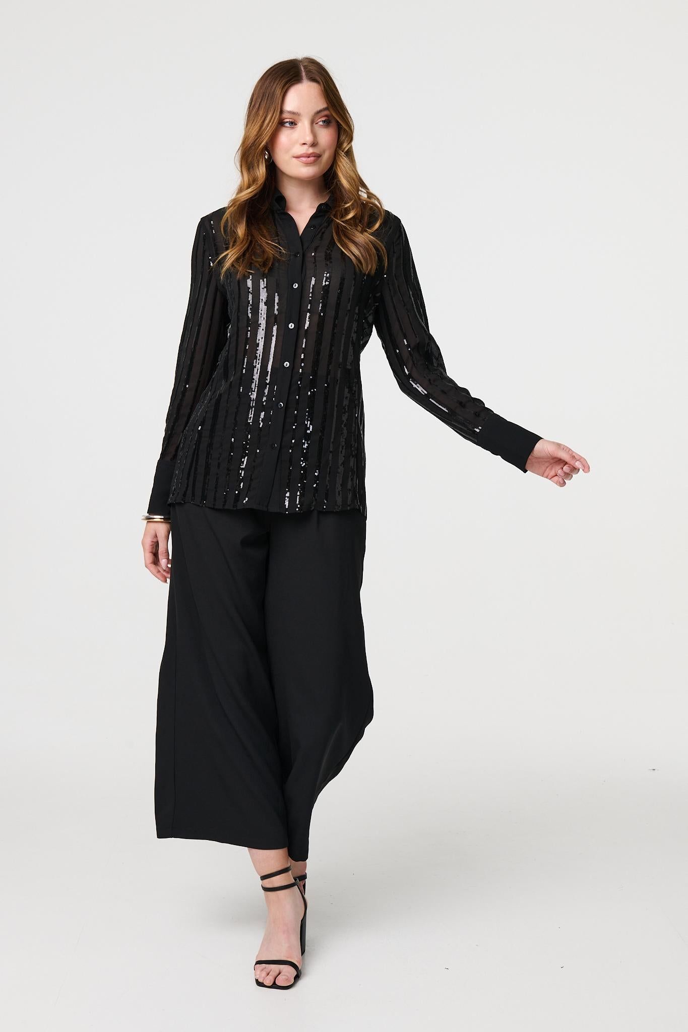 Izabel London Sequin Striped Sheer Long Sleeve Shirt