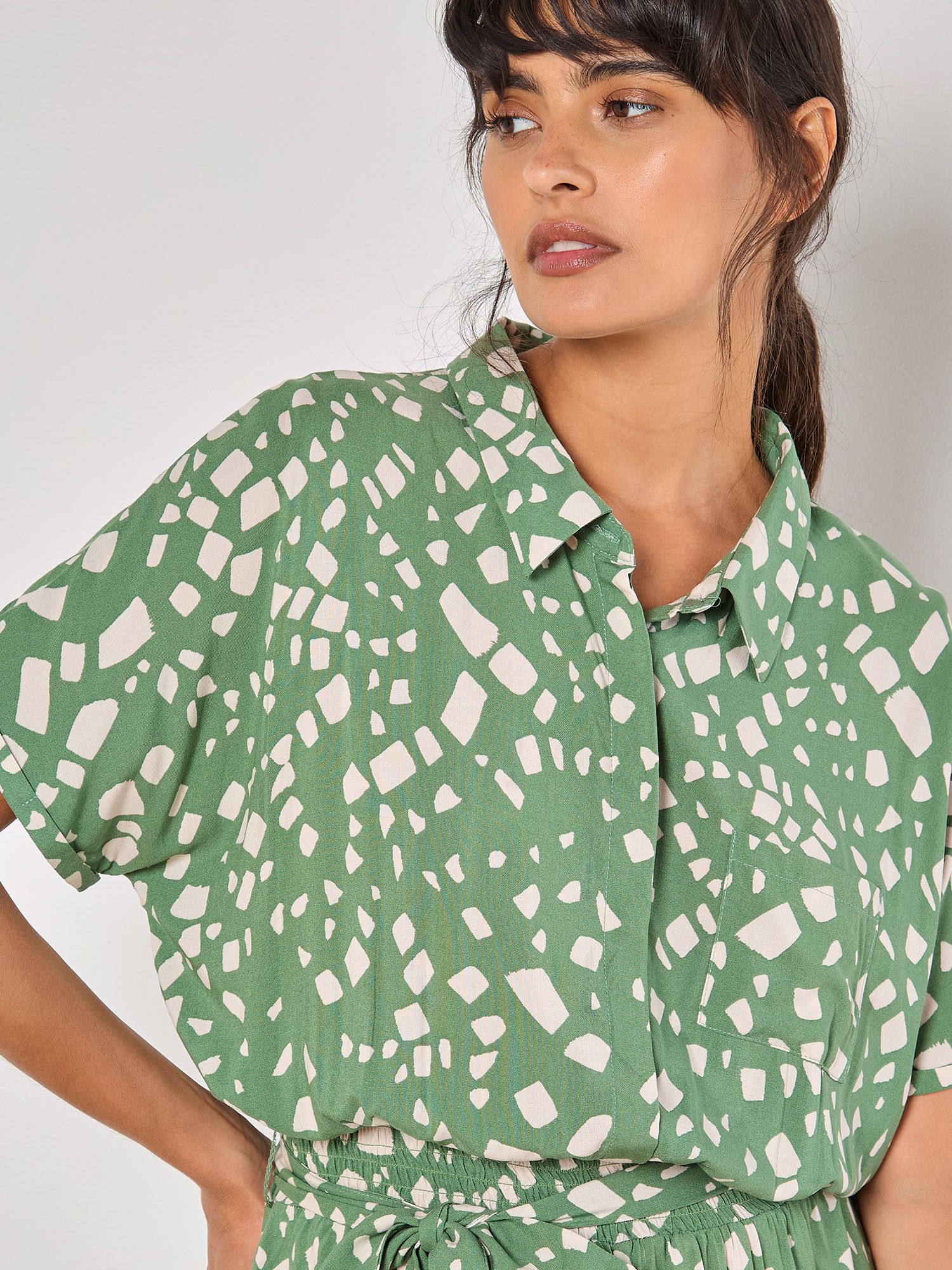 Apricot Scattered Squares Shirt Midi Dress