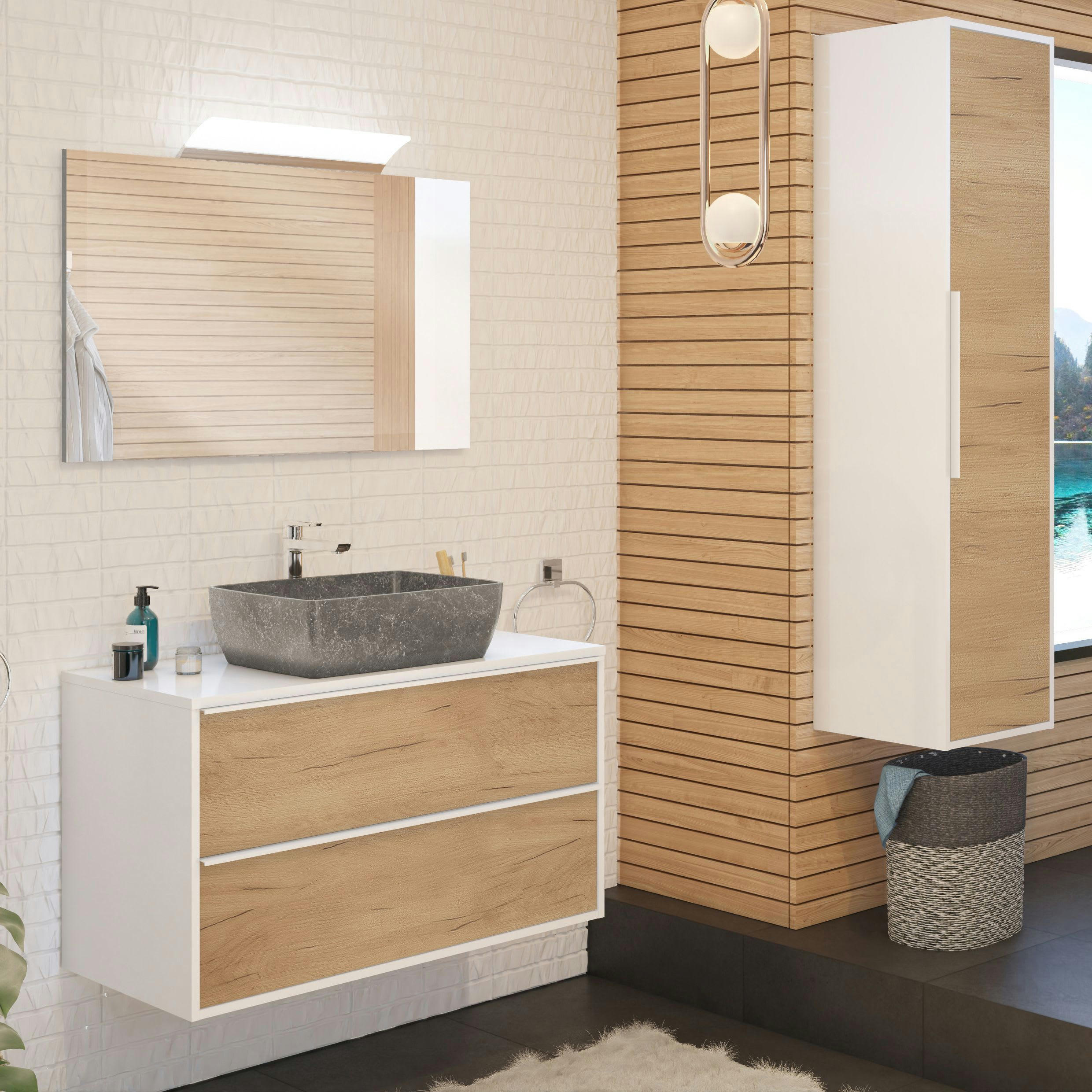 BORDER - Meuble de salle de bain 100cm Chêne  + Colonne