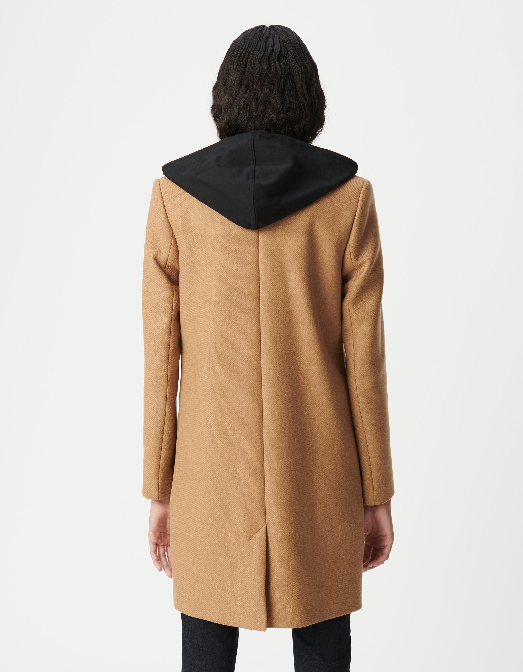 Manteau mi-long camel capuche amovible Femme