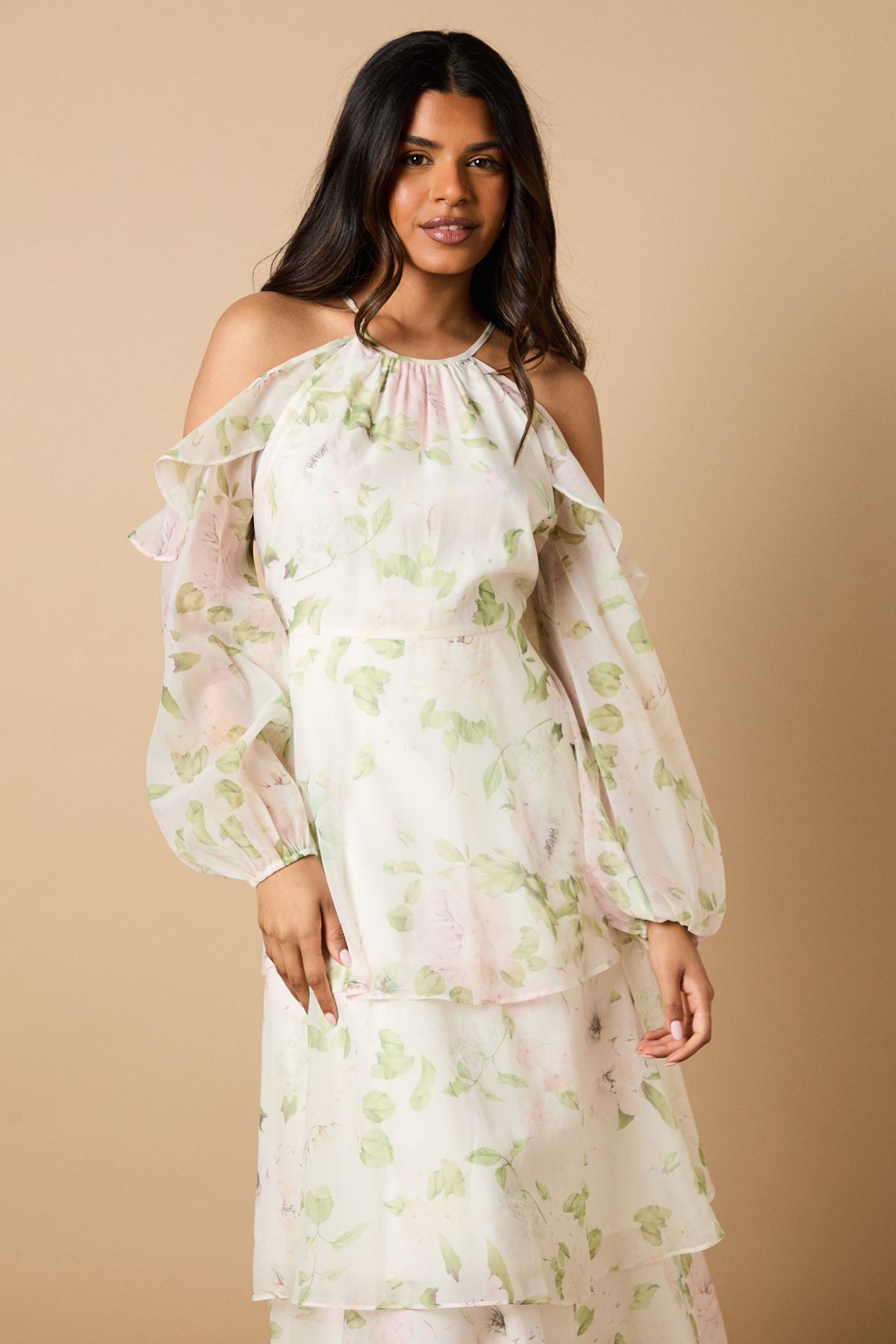 Oasis Petite Rose Floral Organza Cold Shoulder Midi Dress