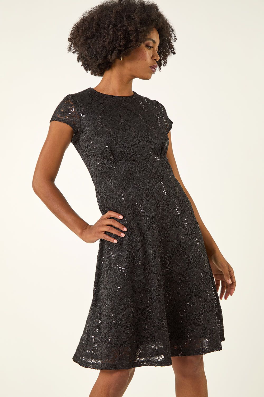 Roman Sequin Fluted Hem Lace Stretch Dress