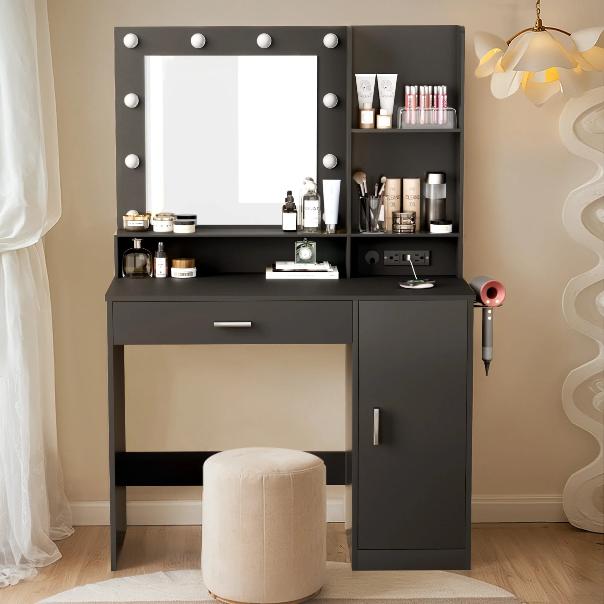 Furniwell Makeup Dresser Desk Table with Lighted Mirror,Vanity Desk with Charging Station, 1 Drawers, 10 LED Light