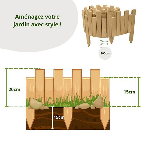 Bordure de jardin - Floranica - Bois de pin - 200 cm x 10 cm - Nature - Clôture extérieure