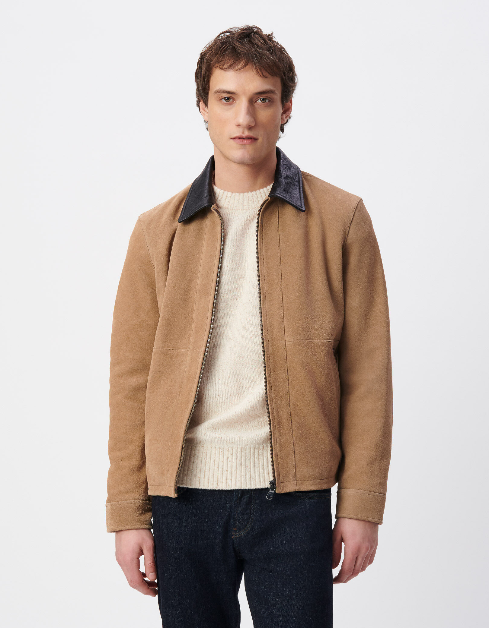 Blouson beige cuir velours col cuir noir Homme