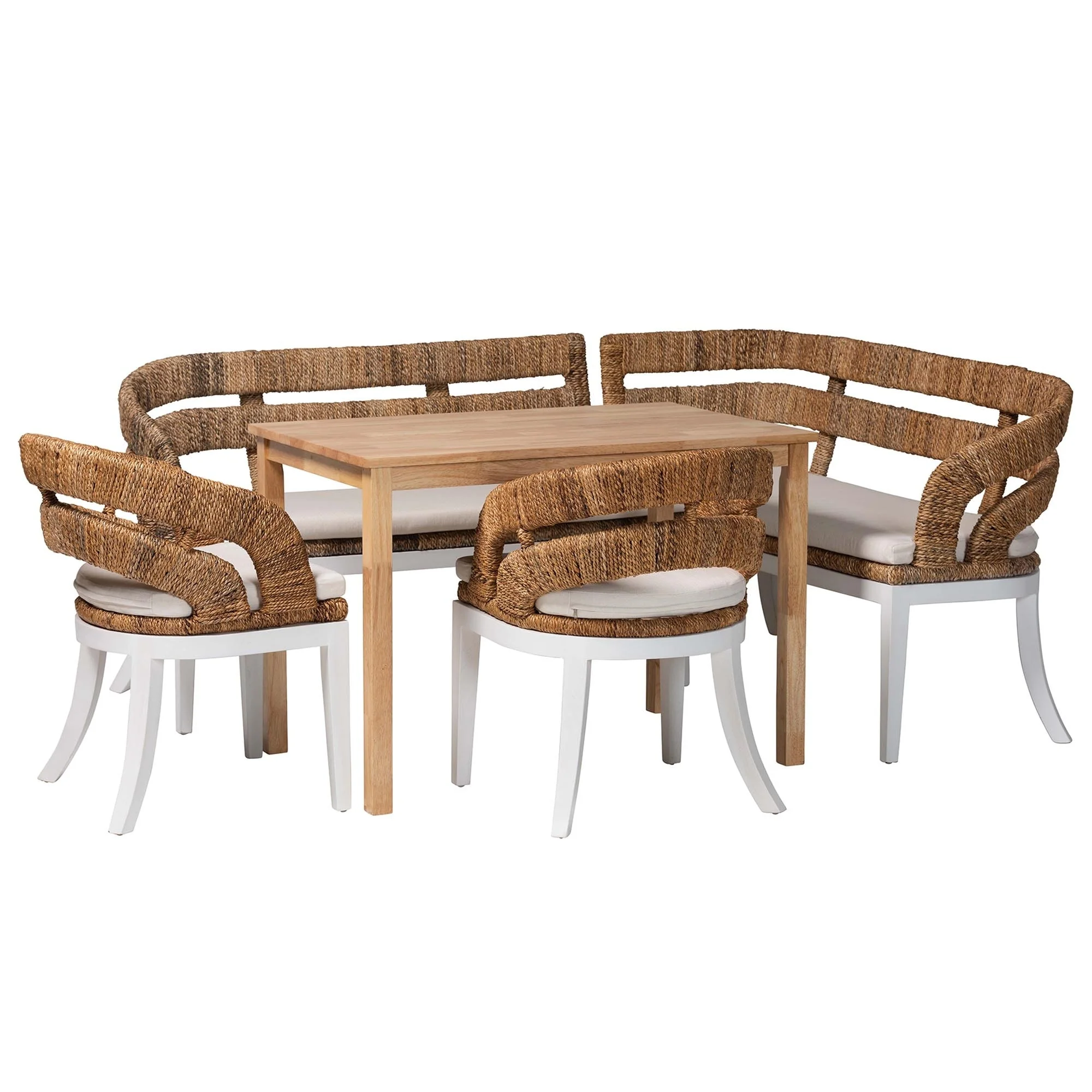 Ubud Seagrass Dining Nook Set with Wood Table - Coastal Farmhouse Breakfast Furniture Set