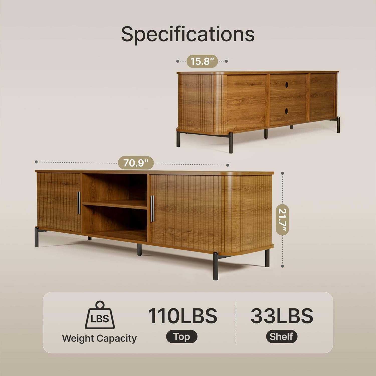 SUNCOZE 70 Mid-Century Fluted TV Stand with Storage, Modern Entertainment Centerfor TVs up to 80 Inch with Sliding Tambour Doors & Open Shelves, Media Console for Living Room or Bedroom (Walnut)