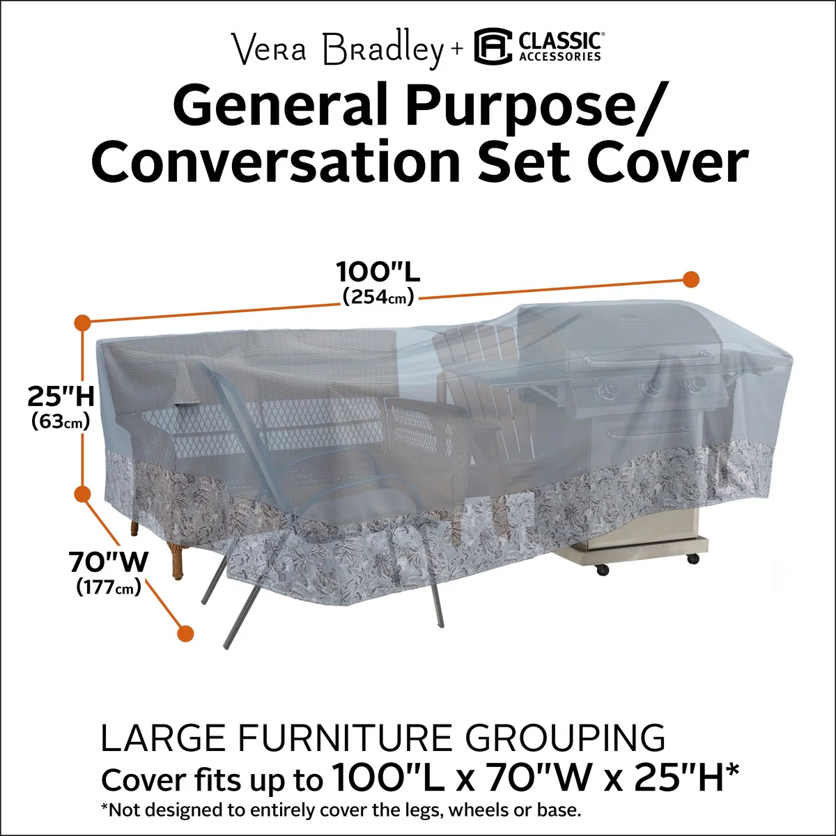 Vera Bradley by Classic Accessories Water-Resistant General Purpose Cover, 100 x 70 x 25 Inch, Rain Forest Toile Gray