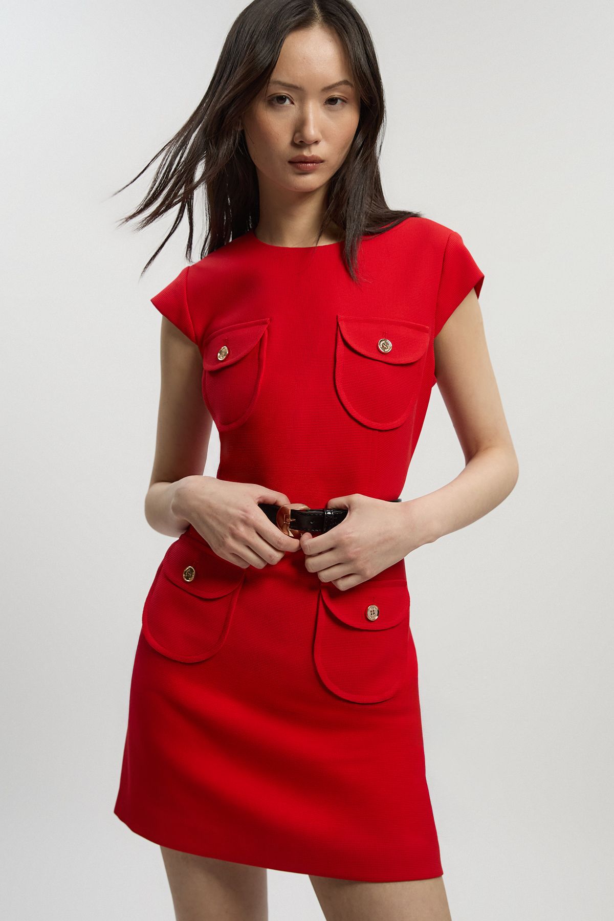 KarenMillen Petite Textured Compact Stretch Tailored Belted Mini Dress