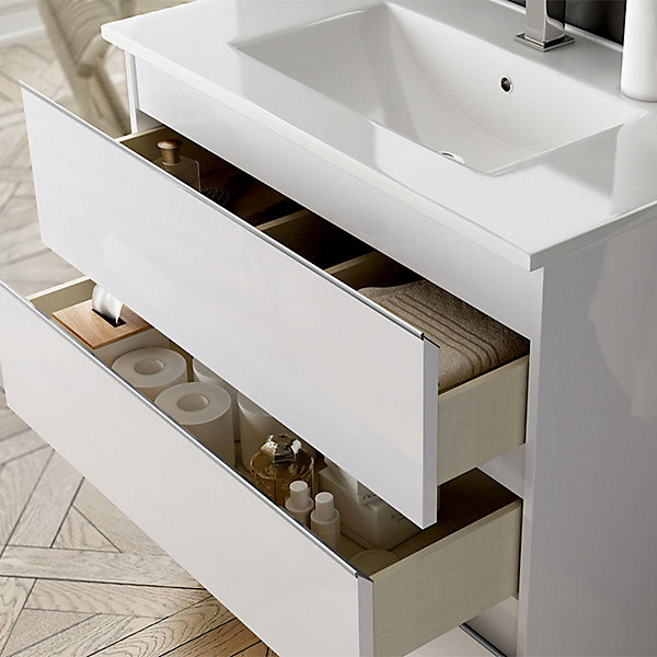 Meuble sous vasque seul, 2 tiroirs, 100cm, simple vasque - blanc laqué - BALEA